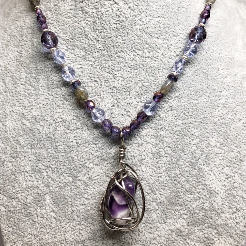 Handmade stone crystal czech glass necklace purple